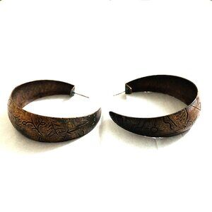 Earrings Large Hoops Copper 1977 Indian Aztec Engravings Vintage